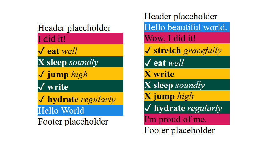 Screenshot of a basic componentized site, before and after editing