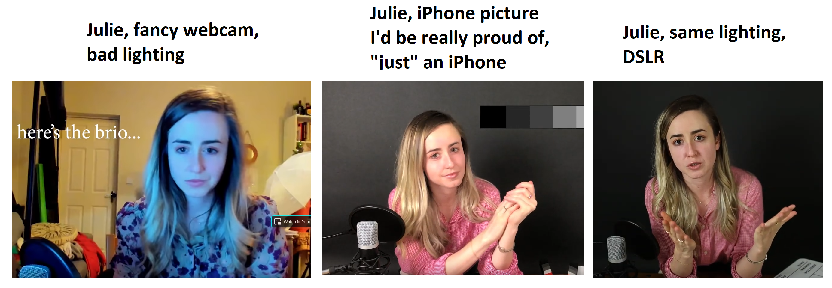 Screenshots of Julie's YouTube lighting in 3 stillframes