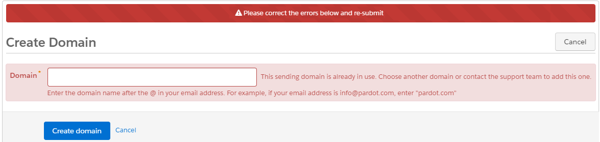 Screenshot of an error when trying to add an email sending domain to Pardot