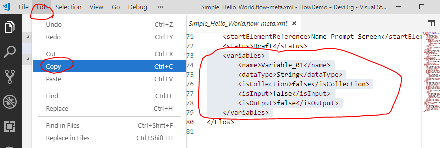 Screenshot of copying variable_01 XML