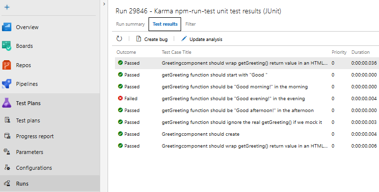 Screenshot of the Azure Test Plans listing 8 test results, 7 passing and 1 failing.