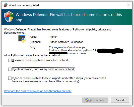 Screenshot of Windows Firewall dialog box