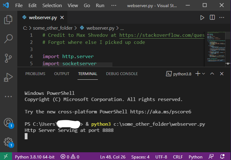 Screenshot of a running server in VSCode