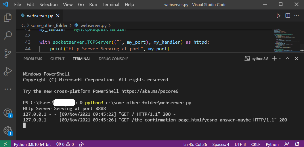 Screenshot of a running server in VSCode with page visit logs