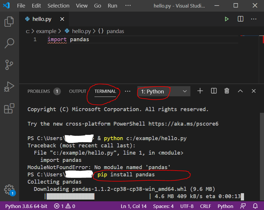 python in visual studio code terminal pip not recognized