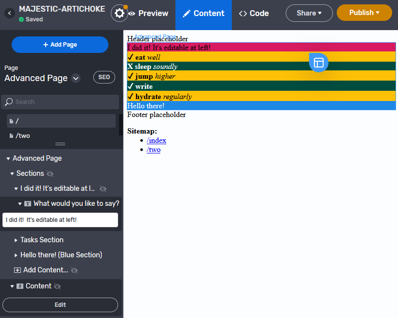 Screenshot:  pages are once again editable in Stackbit Studio, although only from the sidebar