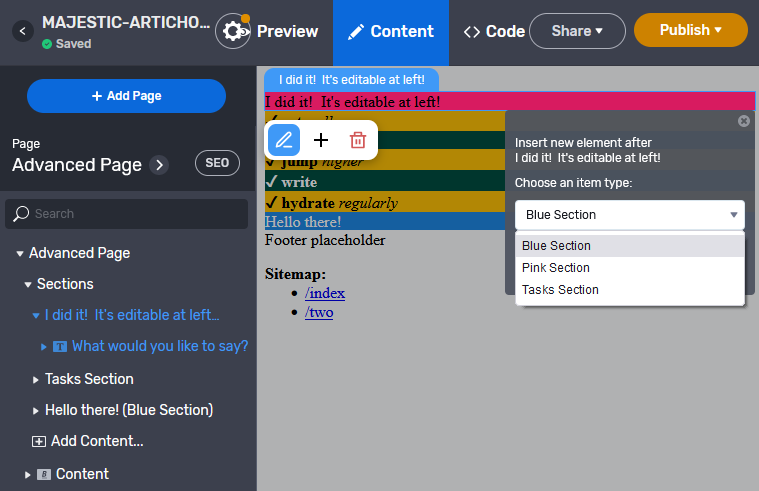 Screenshot:  outer sections are once again addable and deleteable in Stackbit Studio's preview panel