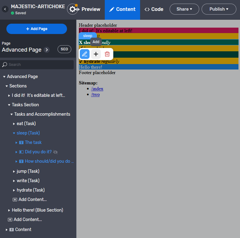 Screenshot:  inner tasks are once again addable and deleteable in Stackbit Studio's preview panel