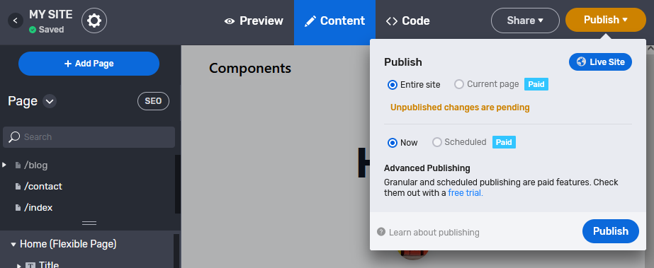 Screenshot of Stackbit's publish menu